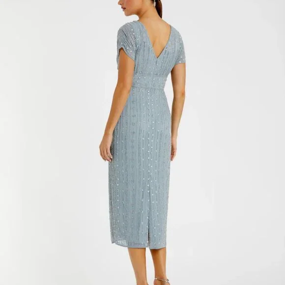 NWT $498 Size 2 Beaded Cap Sleeve Empire Waist Sheath Midi Dress - Picture 2 of 5